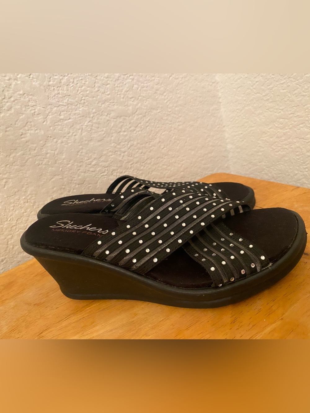 Skechers Black Rhinestone-Studded Wedge Sandals